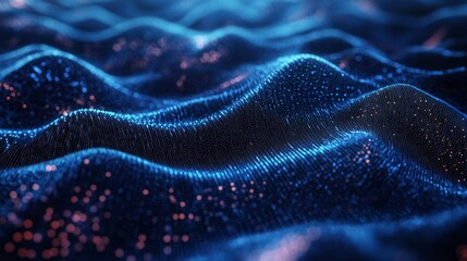 Obraz premium Abstract Hexagonal Wave, A dynamic representation of interconnected particles and lines, symbolizing big data networks in a vibrant digital landscape, immersive widescreen visualization.