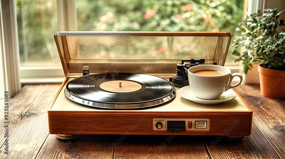 Poster a vintage vinyl record player on a coffee table with old records and a hot cup of coffee set against