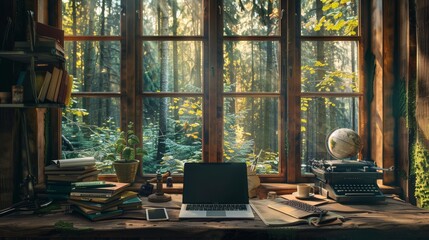 Fototapeta premium Vintage Writer's Haven Inspiring Workspace with Typewriter Manuscripts and Globe on Rustic Desk by Forest Window
