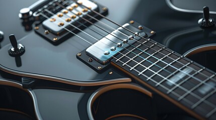 Realistic photo of a guitar is strings and fretboard showing fine details, ultra-sharp