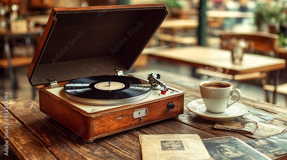 Aufkleber a warm and nostalgic scene with a vinyl record player on a rustic coffee table surrounded by classic