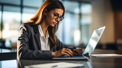 Obraz premium Businesswoman analyzing financial reports with a laptop