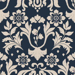 A timeless damask ikat pattern in navy blue and cream, featuring detailed floral motifs, ideal for elegant textiles and interior decor.