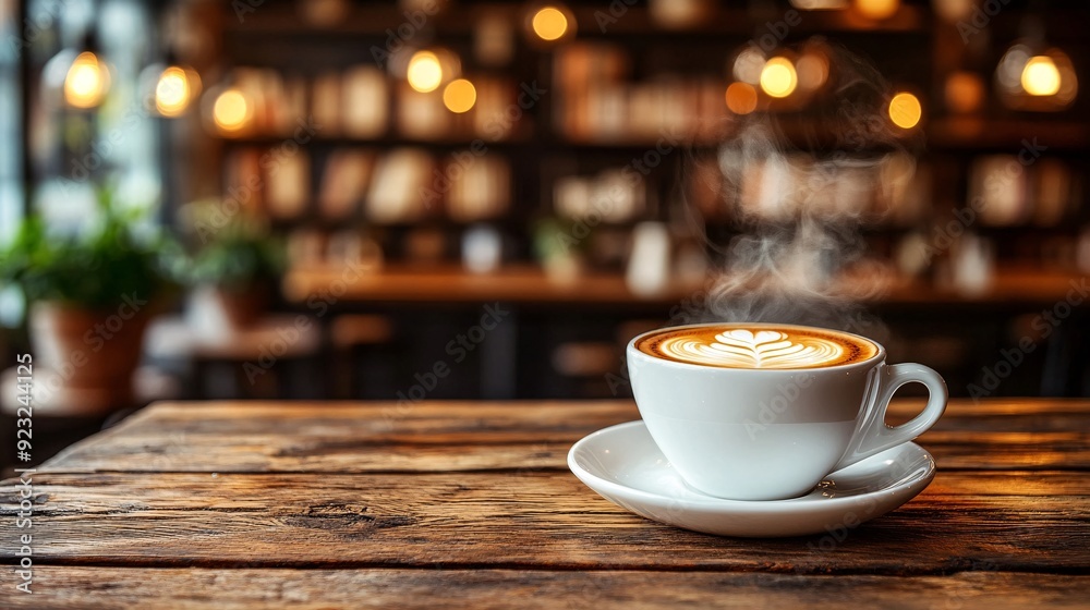Poster a cozy cafe interior with warm earth tones featuring a steaming cup of coffee placed on a rustic woo