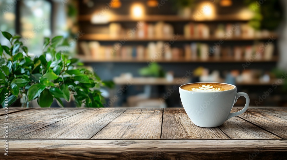 Aufkleber A close-up of a cup of coffee on a worn wooden table in a warmly lit cafe The background shows a softly blurred image of bookshelves and leafy green plants creating a calm and inviting environment