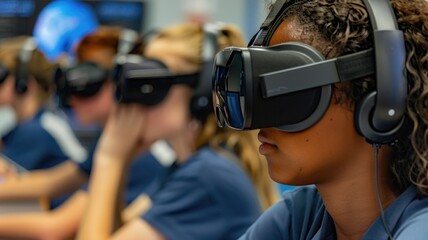 Students using virtual reality headsets for an immersive learning experience in a high-tech classroom