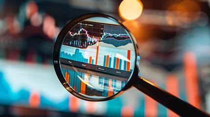 Magnifying glass is focused on a financial chart with a blurred background of other financial data.