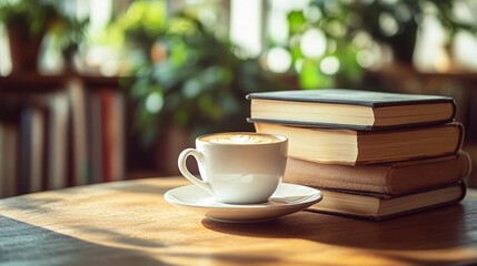Fototapeta premium A tranquil cafe setting with muted earthy colors highlighting a cup of coffee on a wooden table Soft light fills the space with blurred hints of books and greenery in the background providing a