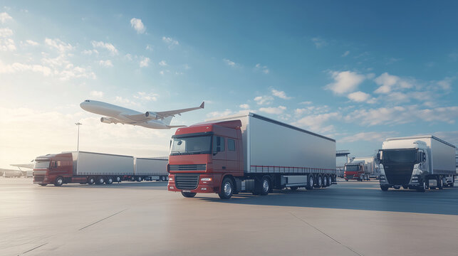 logistics company’s fleet, including trucks, vans, and a plane on the tarmac, showcasing their capability to handle various types of cargo, banner for international transport company, worldwide delive