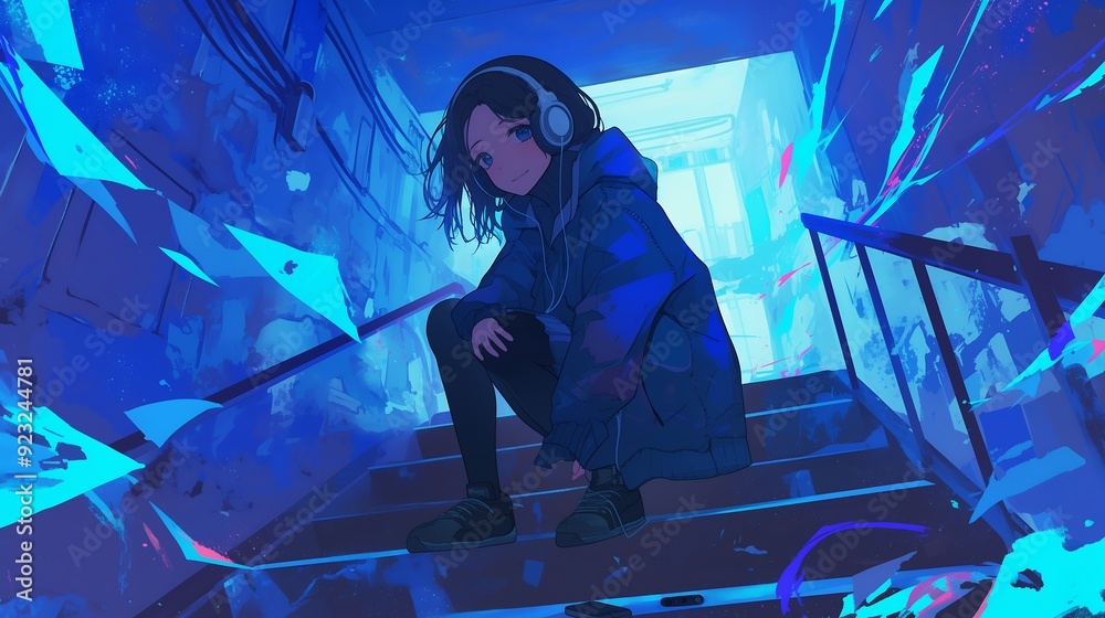 Sticker anime girl wearing jacket and headphone at the stairs