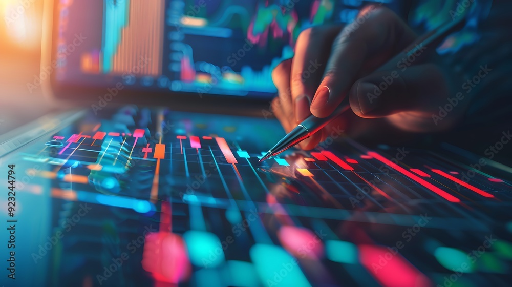 Poster close-up view of analyst hand using a pen to analyze data and charts on a tablet screen. the glowing
