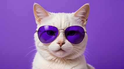 Cat in sunglasses on a purple background