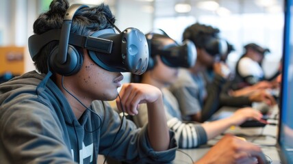 Group of students wearing VR headsets, immersed in a virtual reality experience, focusing on the simulation.