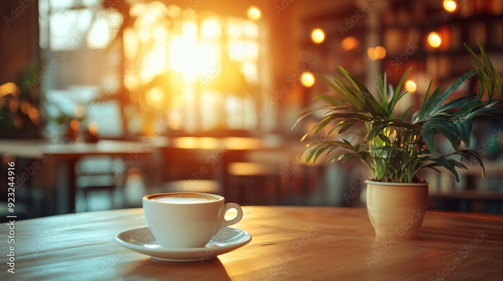Poster a warmly lit cafe interior with rustic wooden surfaces and a cup of coffee as the focal point the bl