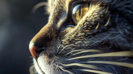 Ultra-sharp close up of a cat is face focusing on its eyes and whiskers, depicted with detailed 3D shading