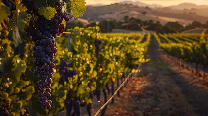 Juicy bunches of grapes at sunset. Grapes twining from the vines in a vineyard against the backdrop of hills. Gardening concept.