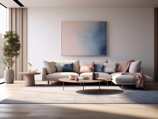 Modern living room with white couch, coffee table, and abstract painting on the wall.