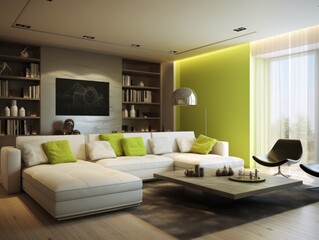 Modern living room with white sectional sofa, green wall, and black chair.