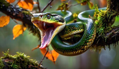 Fototapeta premium Close-up Snake Portrait on a Tree Branch