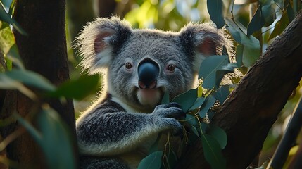 A koala bear munching on eucalyptus leaves high up in a tree, with a serene expression.