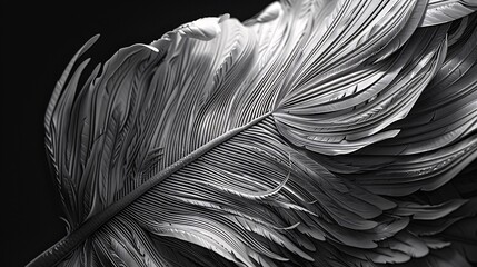 Close up of a feather with detailed barbs and barbules, depicted in ultra-sharp and precise 3D shading drawing