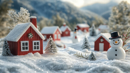 Naklejka premium Snowy Christmas decoration scene with red wooden houses, snowmen, and trees covered with white snow, festive and enchanting winter wonderland