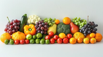 A colorful assortment of fruits and vegetables, including apples, oranges