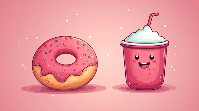 Cute donut and drink illustration with a vibrant pink background. Perfect for designs related to sweets and desserts.