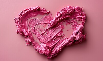 Obraz premium cream blush swatch in the shape of a heart on light pink background copy space space for text.