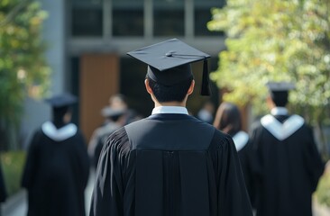Back view of a male graduate student wearing a black graduation gown and cap, standing in front of a college building with other students during a ceremony.