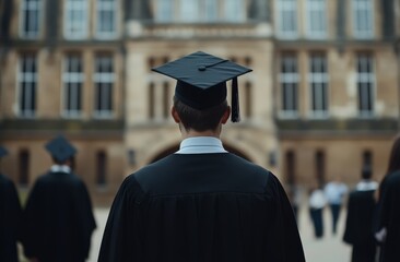 Back view of a male graduate student wearing a black graduation gown and cap, standing in front of a college building with other students during a ceremony.