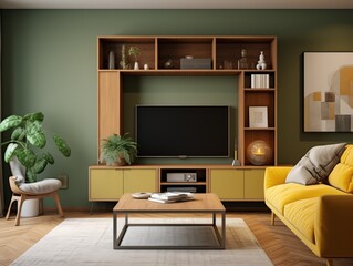 Modern living room with yellow sofa, wooden shelves, TV and a rug on the floor.