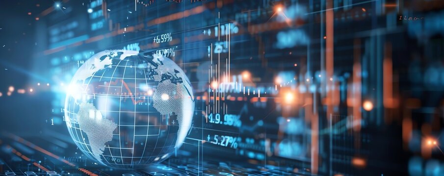 Globe surrounded by currency symbols and exchange rate graphs, global economy, forex market