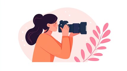 A woman photographing nature with a camera, showcasing creativity and passion for photography in a vibrant setting.