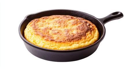 Watercolor of a rustic cast iron skillet filled with freshly baked cornbread set against a clean white background  This image captures the homemade comforting essence of a simple