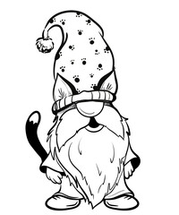 Halloween gnome at funny hat. Hand draw illustration for sublimation t-shirt, pillow, mug. line art illustration, black and white sketch. Print for poster, postcard, notebooks, color book for kids