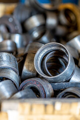 Closeup photo shoot of different nesessary tools and parts in every man's garage.Auto check up and car service shop concept.Different type of tools, especially wrenches.