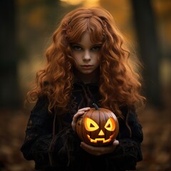 A girl with red hair is holding a pumpkin lantern