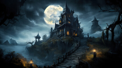 Fototapeta premium A creepy castle with a large moon in the background
