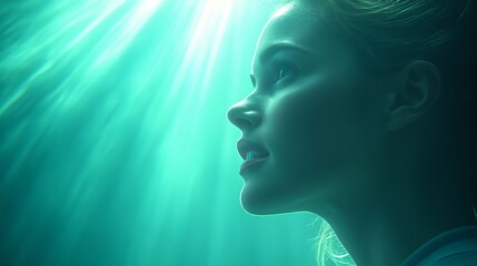 Obraz premium Young woman exploring underwater depths with rays of sunlight filtering through