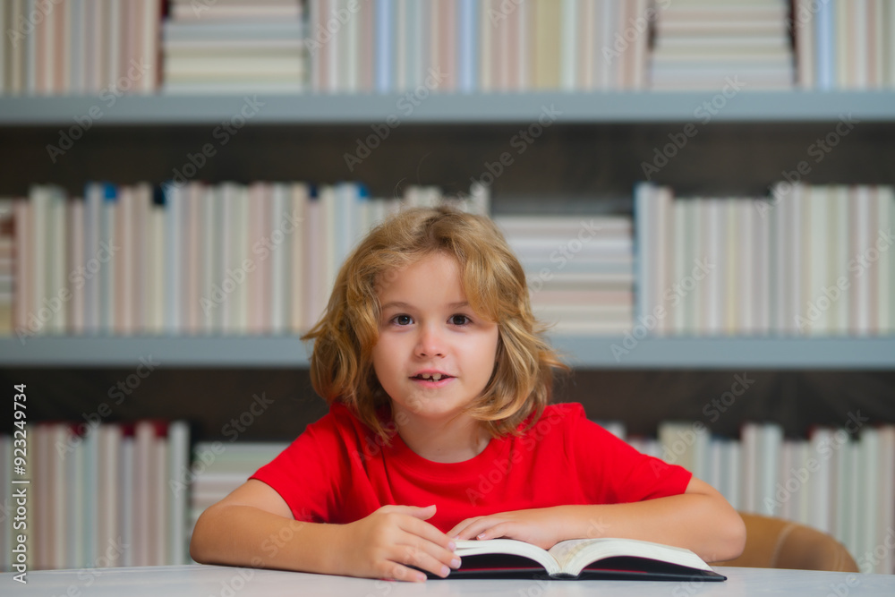 Poster Nerd pupil. Schoolboy with book in class. Literature for reading. Child learning from books. School education and clever talented little genius.