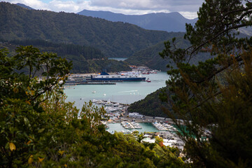 panorama of picton harbour seen from tirohanga track; new zealand south island, cook strait; ferry connecting picton with wellington
