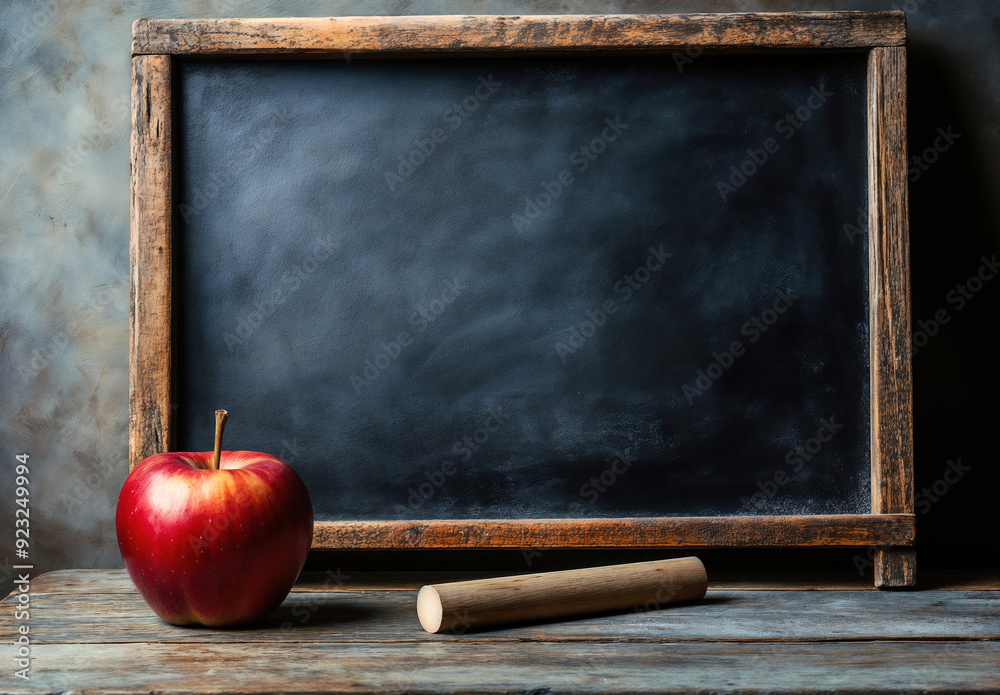 Poster empty blackboard with red apple and chalk on wooden table