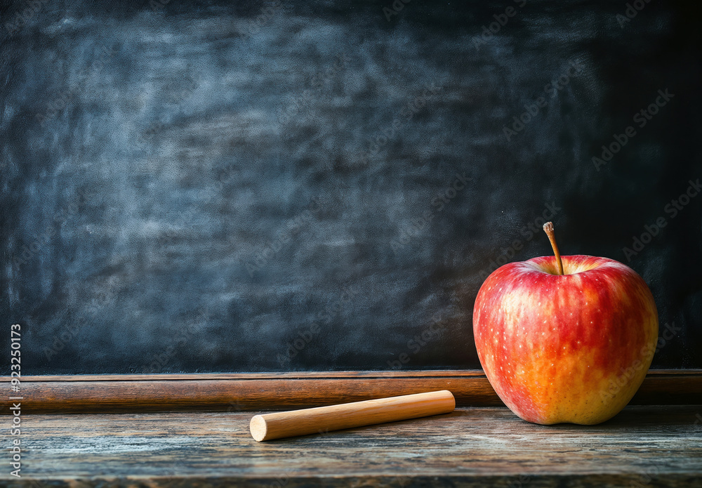 Aufkleber Blackboard with copy space and red apple on wooden table for a back to school concept