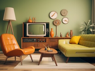 Retro living room with orange chair, yellow sofa, TV, and wooden floor.