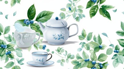 A delicate Chinese teapot and teacup with intricate porcelain patterns, rendered in a seamless watercolor design.