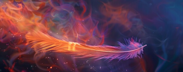 Fototapeta premium A Single Feather Glowing with Orange and Purple Light Amidst a Background of Abstract Smoke