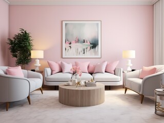 White and pink living room with a white couch, two white armchairs, a wooden coffee table, and pink throw pillows.