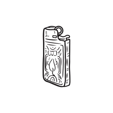 recommend clip art: Cigarette lighter with engraved decoration in black isolated on white background. Hand drawn vector sketch illustration in doodle engraved vintage line art style. Concept of smoking, heat fire safety.