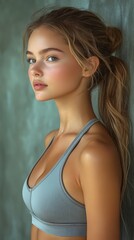 Young woman in sporty attire poses against textured wall in natural light